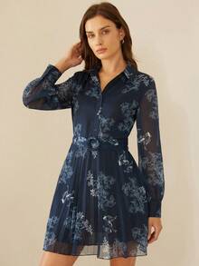 Aveloria Rosie Vestido con botones y cinturón con estampado de flores, atuendo de vacaciones para mujer - Azul Marino - Ver 6