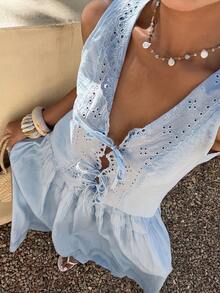 Livesso Women's Summer Blue Lace-Up Blouse And Casual Skirt 2 Pieces Set, Suitable For Holidays, Weddings, Graduations, Easter - Blue - View 7