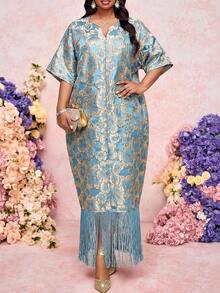 SHEIN Lady 春夏优雅精致派对鸡尾酒会音乐会/音乐节香槟闪耀长款连衣裙套装，大码婚礼宾客礼服，女士婚礼宾客礼服，婚礼派对礼服，生日礼服，女士生日礼服，女士生日套装，女士优雅连衣裙，女士优雅连衣裙，大码刺绣圆领流苏优雅连衣裙，夏季连衣裙，节日礼服，女士婚礼宾客礼服，女士奢华晚礼服，女士毕业礼服，女士优雅连衣裙 - 藍色 - 查看 1