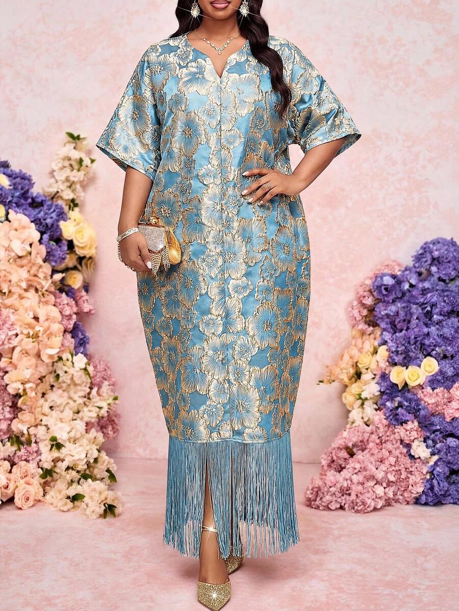 SHEIN Lady 春夏优雅精致派对鸡尾酒会音乐会/音乐节香槟闪耀长款连衣裙套装,大码婚礼宾客礼服,女士婚礼宾客礼服,婚礼派对礼服,生日礼服,女士生日礼服,女士生日套装,女士优雅连衣裙,女士优雅连衣裙,大码刺绣圆领流苏优雅连衣裙,夏季连衣裙,节日礼服,女士婚礼宾客礼服,女士奢华晚礼服,女士毕业礼服,女士优雅连衣裙 - 藍色 - 查看 1
