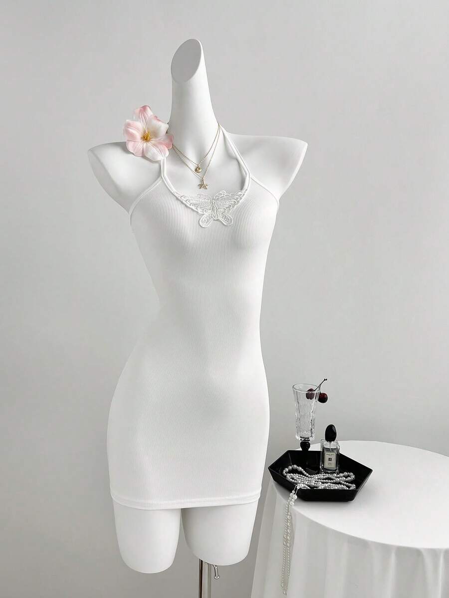 Elamini V-Neck Butterfly Hollow Embroidered White Mini Dress For Women, Spring/Summer - White - View 1