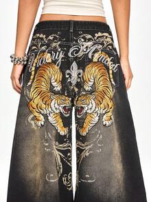 ROMWE Grunge Punk Vintage Punk Distressed Tiger Embroidery Print Baggy Super Loose Fit Jeans - Multicolor - View 2