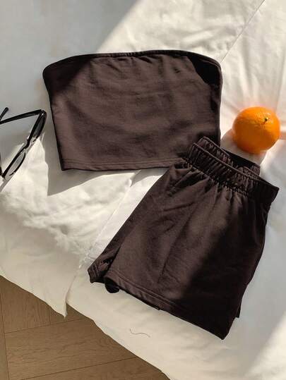 Comfortcana 2件套女士休闲咖啡棕色露脐抹胸上衣和短裤套装，夏季