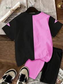 2pcs/Set Young Girl Casual Fashionable Colorful K-POP Girl Group Letter & Star Print, KPOP Style Printed Shirt And Shorts 2-Piece Set,Kids - Multicolor - View 3