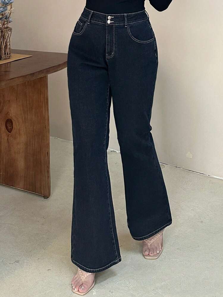Dazy Plus Dark Wash Blue Two-Button Waist Elastic Flare Leg Jeans