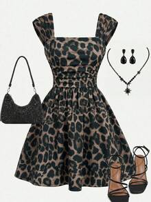 Girlism Teen Girls' Leopard Print Camisole Waist Cinched A-Line Mini Dress, Spring/Summer - Multicolor - View 3