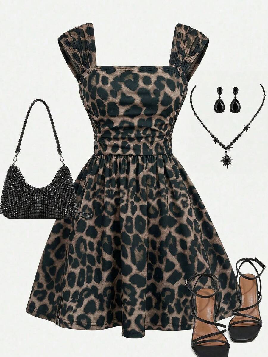 Girlism Teen Girls' Leopard Print Camisole Waist Cinched A-Line Mini Dress, Spring/Summer - Multicolor - View 1