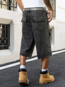 Manfinity EMRG Men's Casual Street Style Multi-Pocket Cargo Denim Shorts, Dark Grey - Dark Grey - View 2