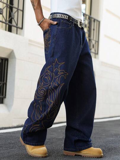 Manfinity EMRG Men's Casual Street Style Embroidered Blue Denim Jeans