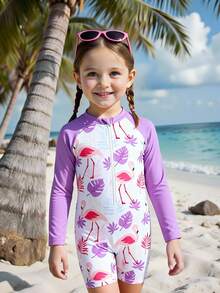 SHEIN 1pc Girls Shark Print Long Sleeve One-Piece Swimsuit, Cute Design, Sun Protection, Summer - Purple - View 1