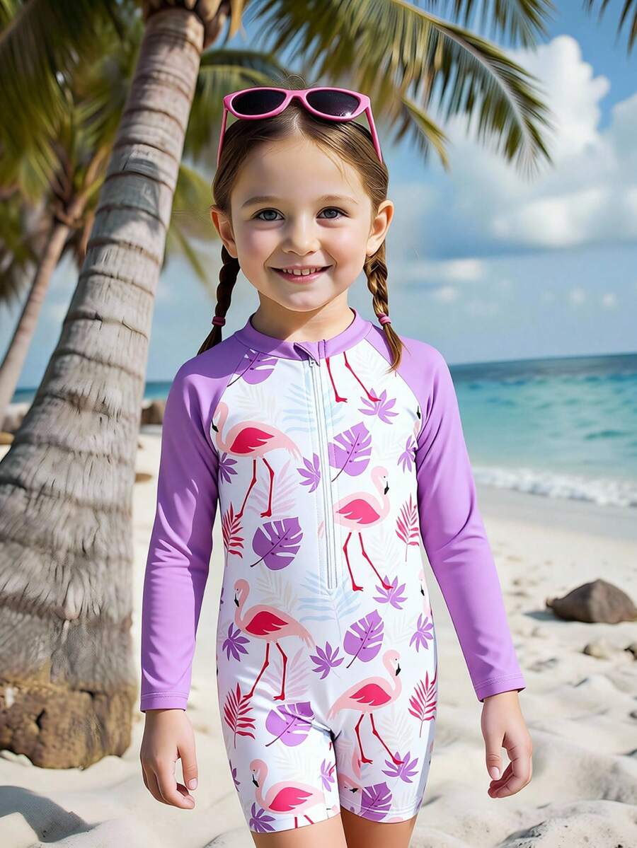 SHEIN 1pc Girls Shark Print Long Sleeve One-Piece Swimsuit, Cute Design, Sun Protection, Summer - Purple - View 1