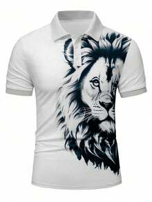Manfinity Roughcore Men's Casual Lion Print Polo Shirt For Summer - White - View 3