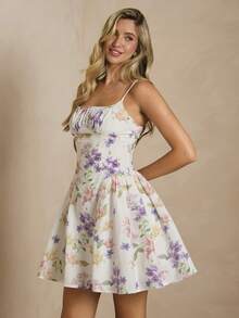 Enchnt 优雅印花吊带迷你连衣裙，适合夏季 - 米色 - 查看 5