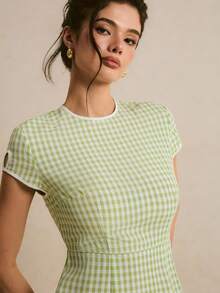 Poéselle Women's Plaid Round Neck Short Sleeve Side Slit Hem Dress,Green And White Summer Elegant Chinese Style Country Casual Brunch Wedding Guest Outfits - Green - View 4