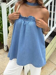 Sunnyshic 女士休闲荷叶边吊带牛仔衬衫 - 藍色 - 查看 3