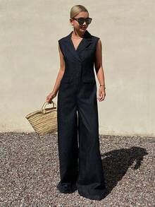 DAZY Women's Collared Sleeveless Casual Denim Jumpsuit Summer - Black - View 6