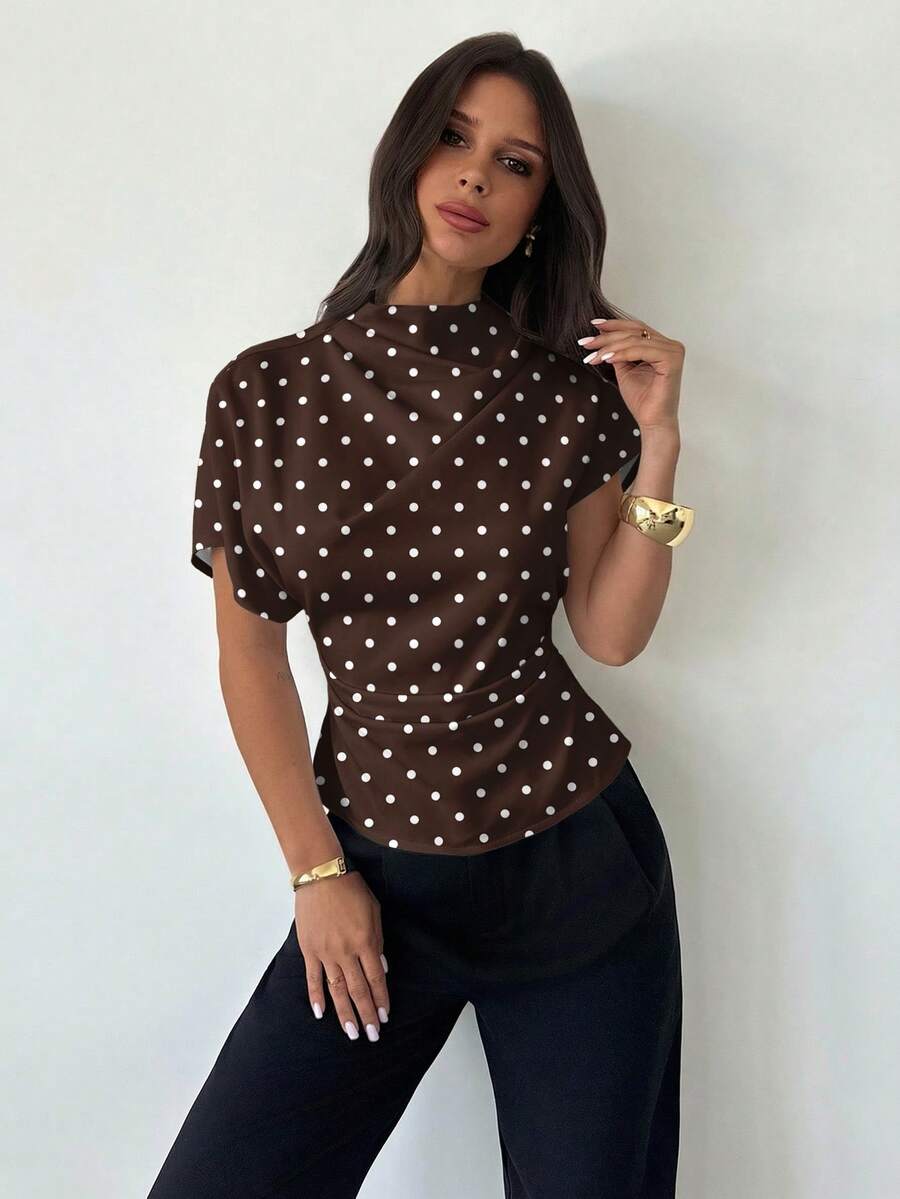 Firerie Brown Polka Dot Print Ruched Collar Asymmetrical Sleeve Side Ruched Waist Slim Fit Blouse, Suitable For Commuting, Vintage, Elegant, Four Seasons Wear, French Riviera Holiday - Brown - View 1