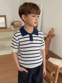 Dazy Kids Young Boys' Colorblock Striped Short Sleeve Sweater Summer - Navy Blue - View 2