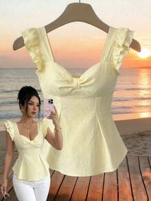 Elenzga Áo kiểu nữ màu vàng nhạt bằng vải dệt hoa jacquard, thiết kế cổ áo hình trái tim bất đối xứng, tay phồng hai lớp, eo thắt, vạt áo bất đối xứng, thanh lịch và tinh tế, thích hợp làm quà sinh nhật, hẹn hò, tiệc tùng, ngày Valentine, lễ hội, lễ Phục sinh, ngày động, du lịch, phong cách đường phố thường ngày, món đồ thời trang thiết yếu mùa xuân/hè, thiết kế độc đáo, áo kiểu tay phồng đa năng. - Vàng nhạt - Xem 3