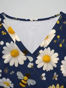 PopScrub Blusa de uniforme de talla grande, blusa con estampado de flores silvestres y abejas, camisa con bolsillo fresca, camisa de manga corta con cuello en V para uso femenino, Halloween - Multicolor - Ver 7