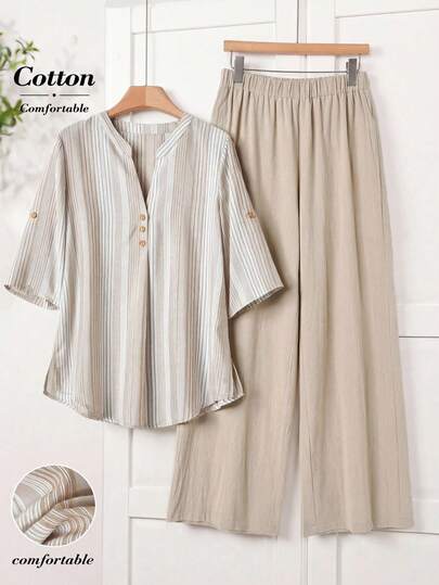 Rusticease Women's Striped V-Neck Short Sleeve Top And Wide Leg Pants Casual Outfit Cotton Khaki Striped Short-Sleeved Top And Pants Set Summer Outfit For Women Spring Clothes Women Going Out Outfits Elegant Women's Set Holiday Outfits For Women Elegant Women's Set  Shirt Sets For Women 2 Piece Set Women Cotton Sets Women