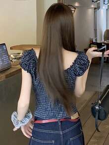 DAZY Áo sơ mi nữ tay ngắn cổ vuông kẻ caro cài cúc phía trước xếp ly kiểu dáng thường ngày mùa hè. - Màu xanh hải quân - Xem 2