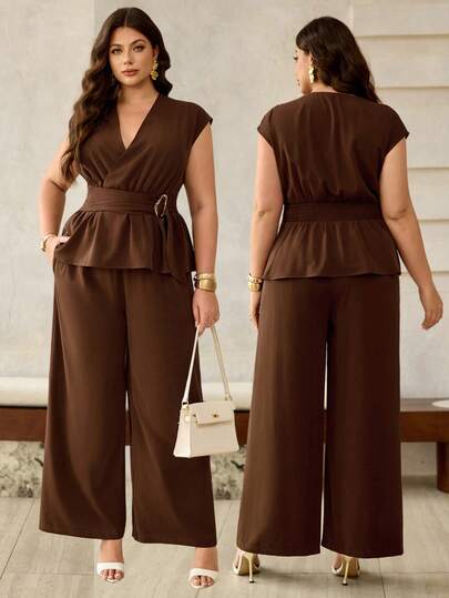 Roveilla Plus Size Women's Solid Shirred Belted Shirt With Metal Buckle Accent + Elastic Waist Wide Leg Pants Set, Elegant French Vintage Romantic Minimalist Style Suitable For Office, Commute, Business, Casual, Beach, Daily Wear, Spring/Summer