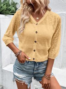 SHEIN PariChic 女士纯色单排扣休闲百搭日常薄款开衫 - 卡其色 - 查看 5