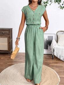 EMERY ROSE Women's Metal Button Half-Placket Wide Leg Casual Jumpsuit - Mint Green - View 4