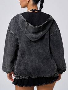 Jeanoix Y2K Plus Size Casual Drop Shoulder Long Sleeve Zipper Front Loose Denim Jacket - Dark Grey - View 3