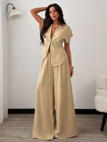 Women Two Pieces Vest And Pant Suit Sets - Beige - View 3