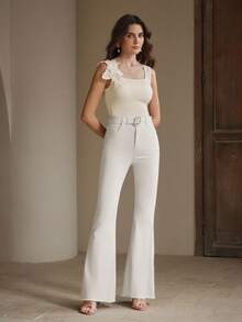 Anewsta Top de tirantes acanalado sin costuras con bordado de moda - Beis - Ver 6