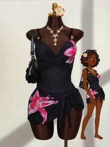 Swim Vcay 2026春夏新款印花连体泳衣，配有可拆卸胸垫、可调节肩带、优质面料、优雅交叉前襟和可爱蝴蝶结装饰，休闲时尚的海滩度假泳装 - 彩色 - 查看 7