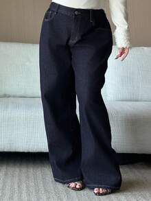 Dazy Plus 深洗蓝色腰带拼布抽绳直筒长牛仔裤，四季皆宜 - 深色水洗藍 - 查看 3