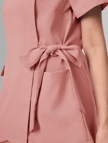 Scrubzie Anti-Wrinkle Short Sleeve Tie-Up Long Shirt And Long Pants Scrub Uniform Set - Dusty Pink - View 3