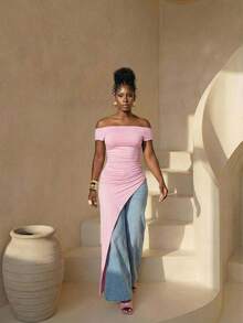 BamGleam Asymmetric Hem Design Women's T-Shirt, Fashionable Vacation Casual Style, Suitable For Travel, Daily Wear, Back To School, Party, Spring, Valentine's Day, New Year - Pink - View 4