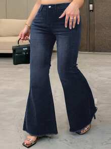 Dazy Plus 弹力水洗做旧环绕喇叭长牛仔裤，适合所有季节 - 深色水洗藍 - 查看 5