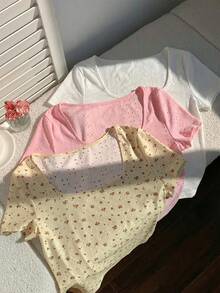 Comfortcana 3件套咖啡棕色和白色针织圆领短袖T恤女装 - 彩色 - 查看 4