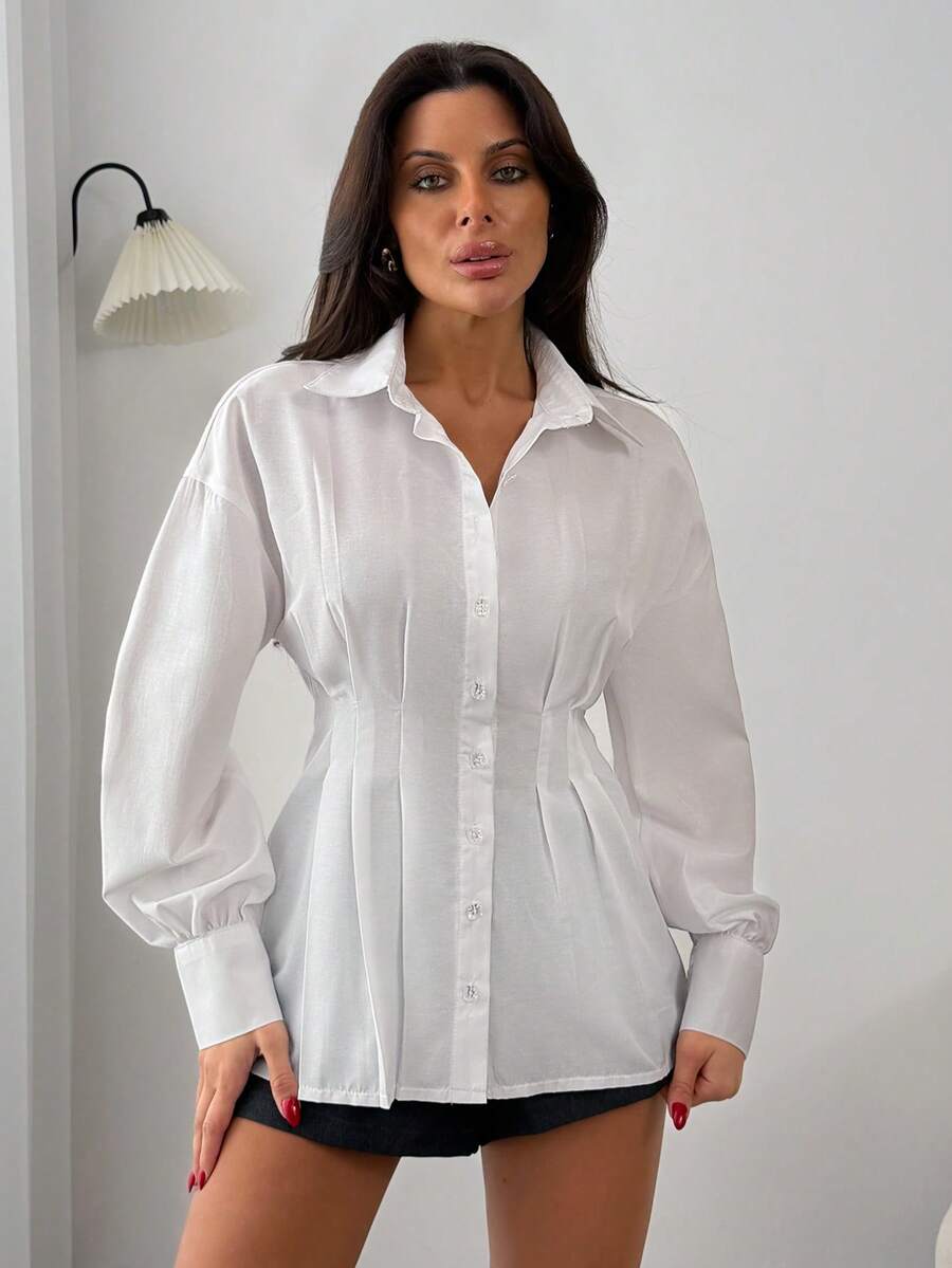 SHEIN Áo sơ mi trắng xếp ly thanh lịch – Tay dài, dáng ôm vừa vặn - trắng - Xem 1