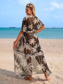 Swim Vcay Áo khoác kimono mùa hè gợi cảm dành cho nữ, in hình cây dừa, tay cánh dơi, thắt eo, cổ chữ V sâu, mở phía trước. - Đen và trắng - Xem 2