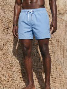 ZELFYO 男士夏季度假印花抽绳腰沙滩短裤，夏威夷风 - 淺藍色 - 查看 1