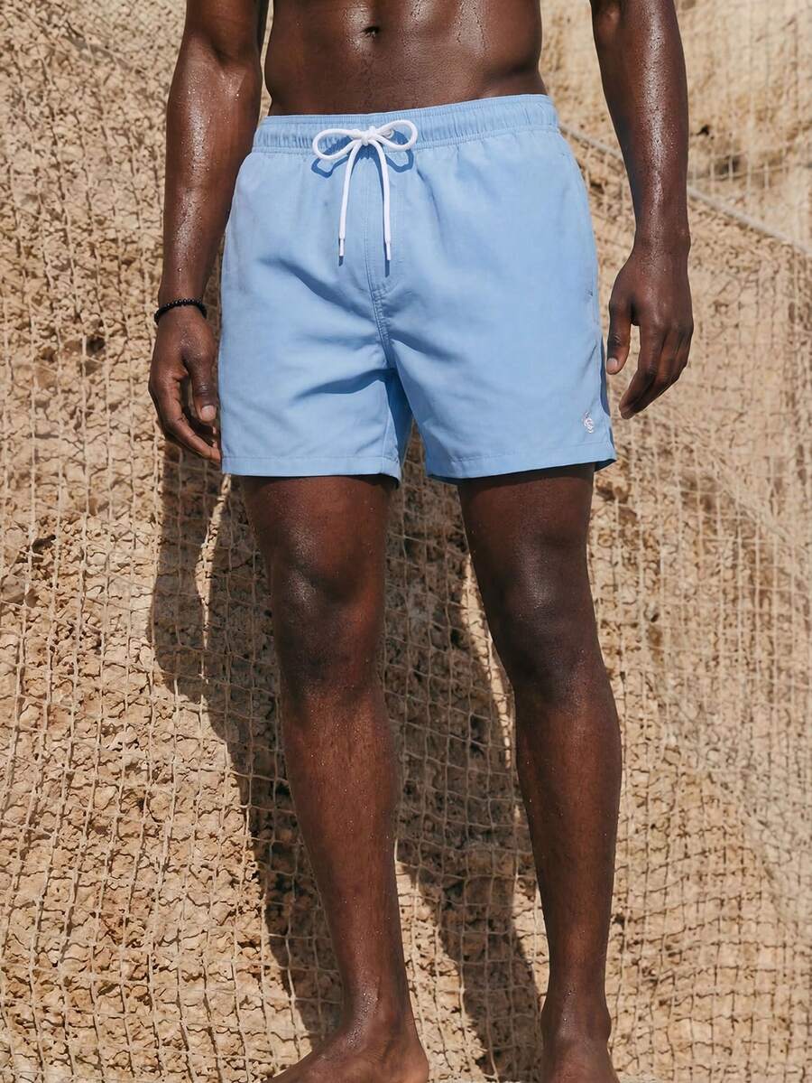 ZELFYO 男士夏季度假印花抽绳腰沙滩短裤，夏威夷风 - 淺藍色 - 查看 1