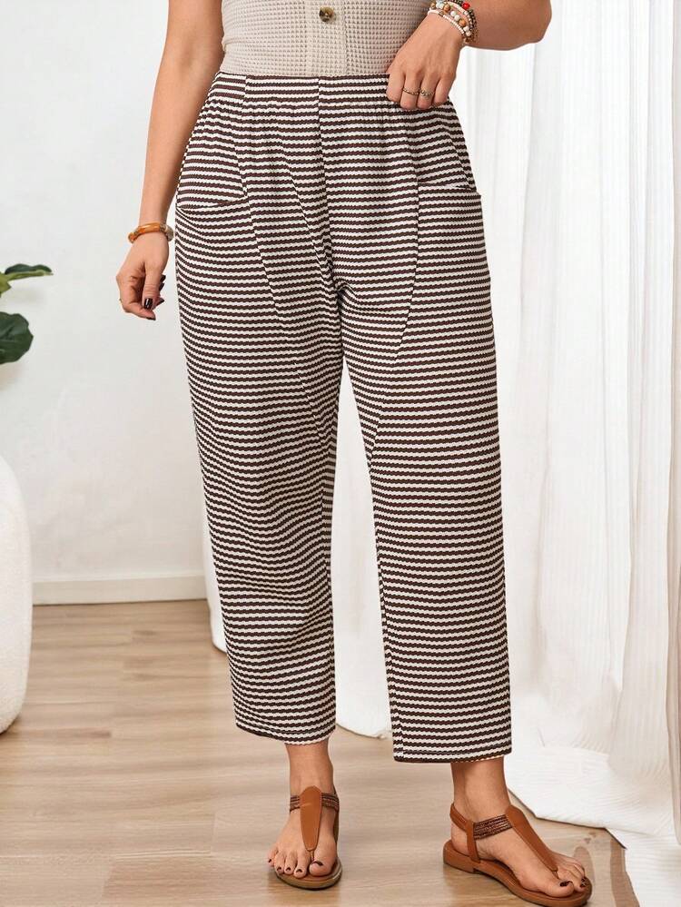 Plus Size Women's Summer Casual Vacation Country Brown Striped Pocket Pants,Summer Holiday,Spring Break, Vacation Women, Holiday For Women,Going Out,2026 New,Simple And Fashionable For Everyday Wear,Suitable For Summer, Vacation, Commute, Daily Wear