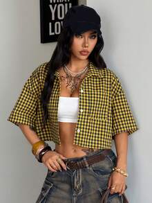 Coolane 女士春夏复古学院风格子宽松露脐上衣红色衬衫，适合新年穿着 - 黃色 - 查看 2