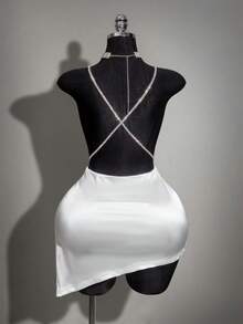 SHEIN ICON Plus Size Velvet Exaggerated Plunging Neckline Rhinestone Decor Backless Criss-Cross High Slit Mini Dress - White - View 2
