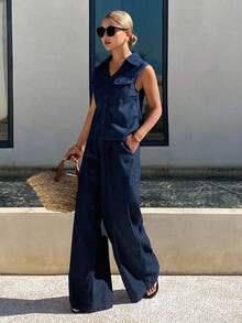 Livesso Bộ đồ mùa xuân hè gồm áo khoác cardigan denim không tay màu xanh nhạt cổ điển có túi lớn và quần jeans ống đứng rộng rãi, phù hợp cho đi làm, dạo phố, du lịch hoặc đám cưới. - Rửa tối - Xem 4