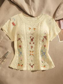 GlowEve Women's Embroidered Round Neck Raglan Short Sleeve Casual Knit Top - Apricot - View 1