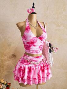 Femesol Bộ đồ du lịch 2 món dành cho nữ, gồm áo hai dây cổ yếm xếp ly in hoa và chân váy ngắn. - Hồng - Xem 5