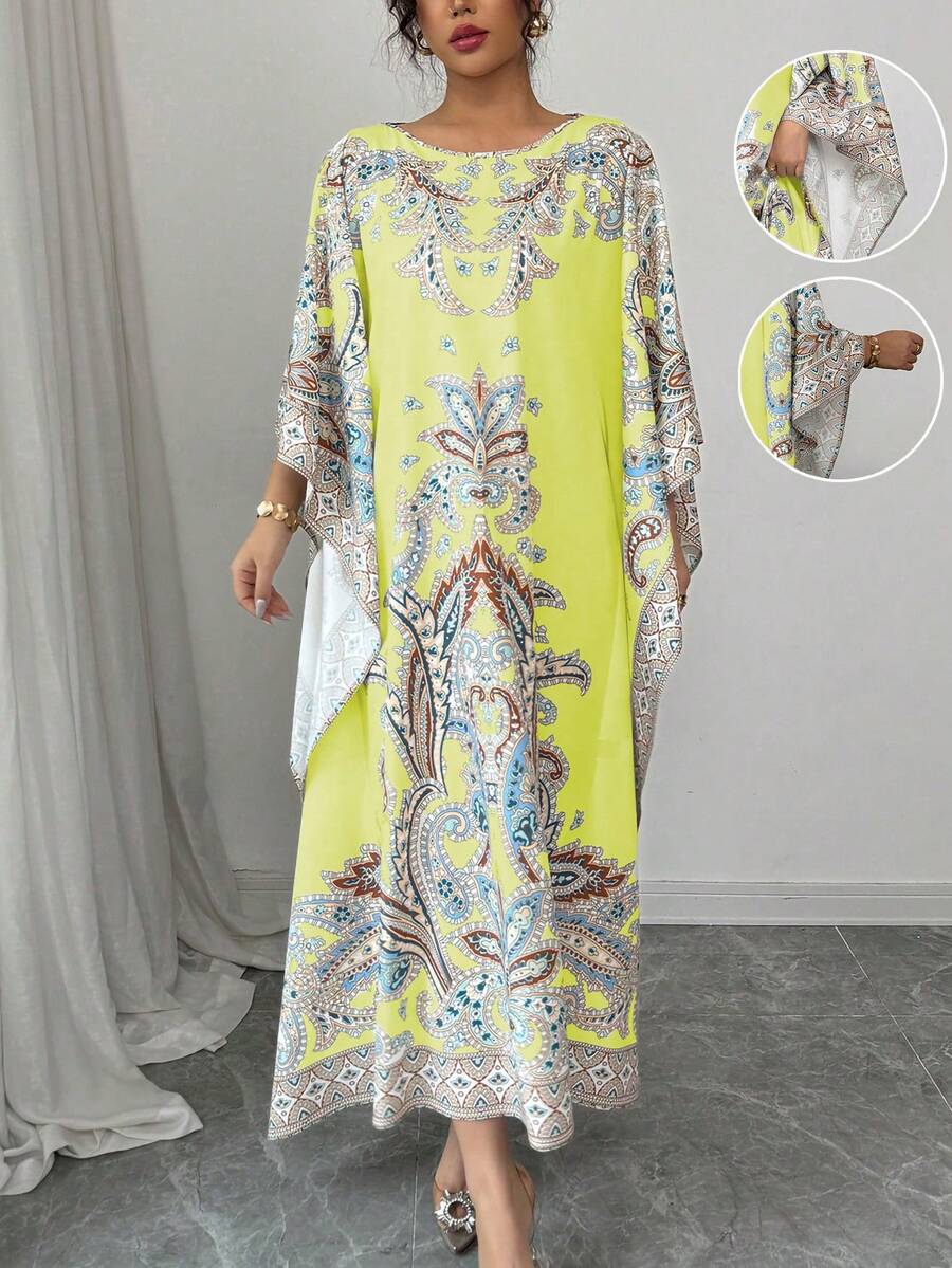 Rafferiza Elegant Loose Middle Eastern Digital Placement Print Round Neck 3/4 Sleeve Robe, Spring/Summer For Women - Light Yellow - View 1