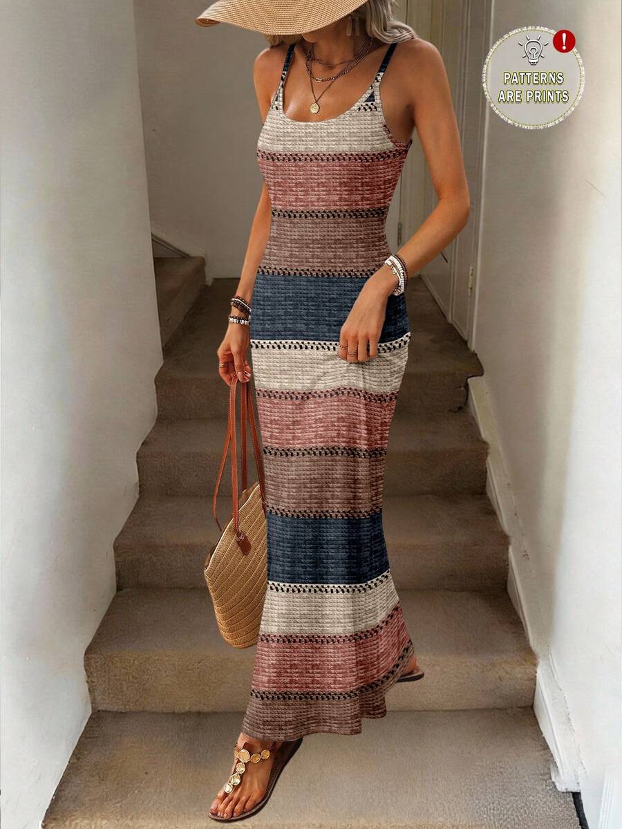 SHEIN LUNE 女士撞色条纹吊带修身长连衣裙，适合春夏穿着，休闲百搭 - 彩色 - 查看 1
